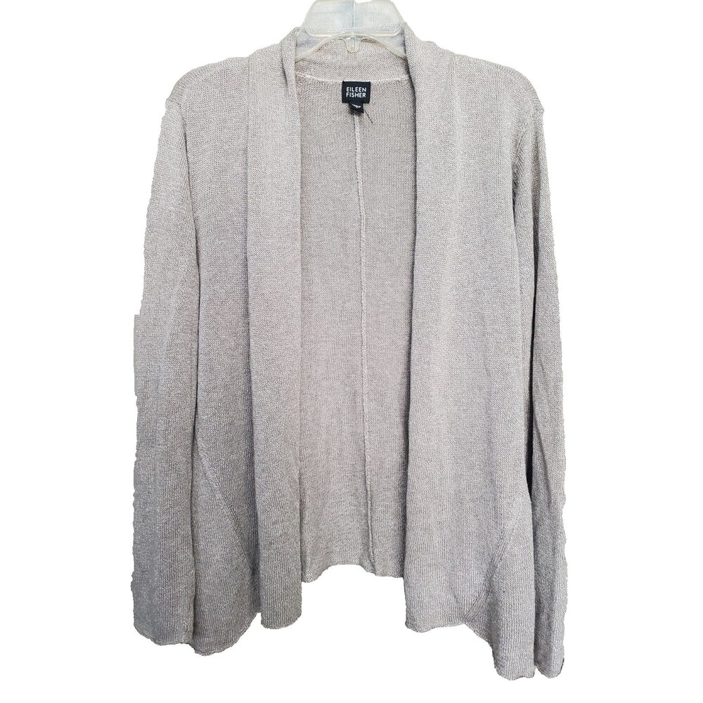 Eileen Fisher Linen/Cotton Blend Tan Open Front Cardigan Size L Quiet Luxury